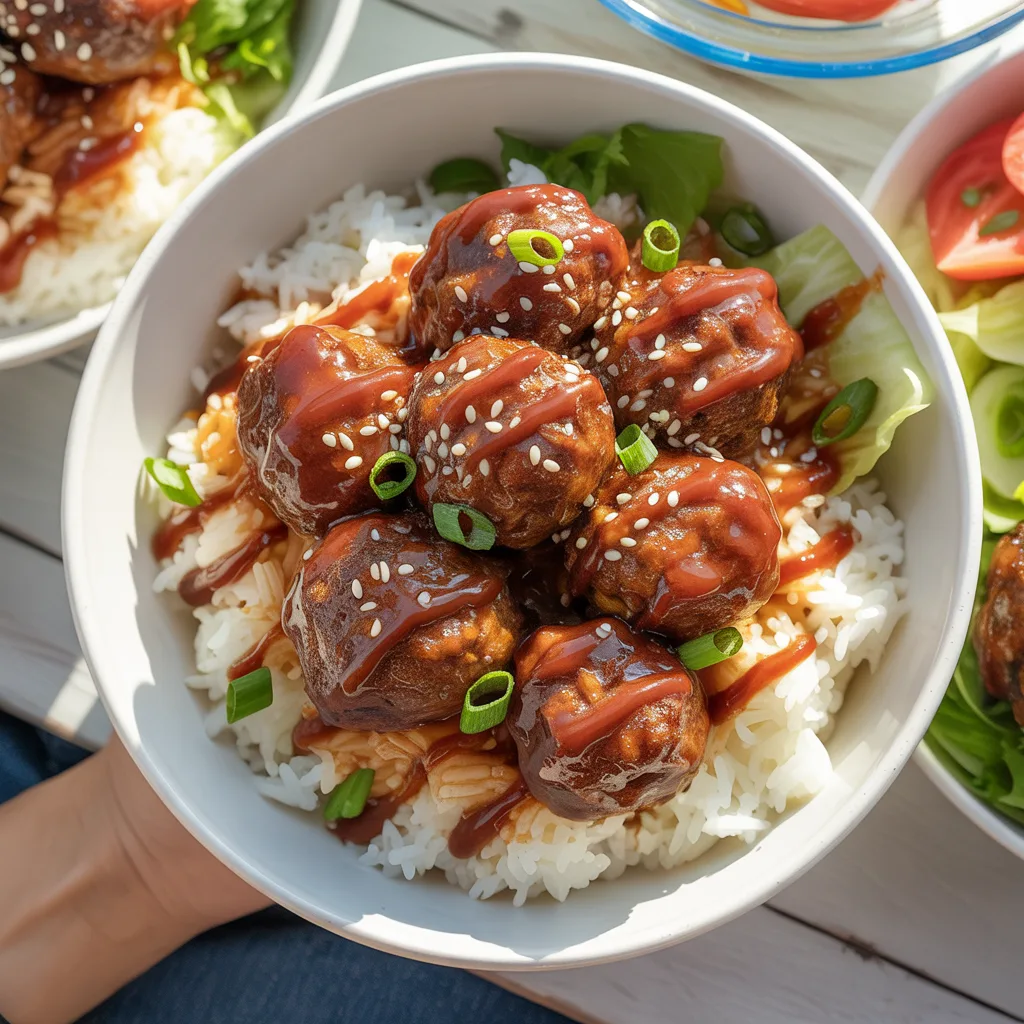 Crockpot BBQ meatballs in white slow cooker with glossy sweet tangy barbecue sauce and toothpicks