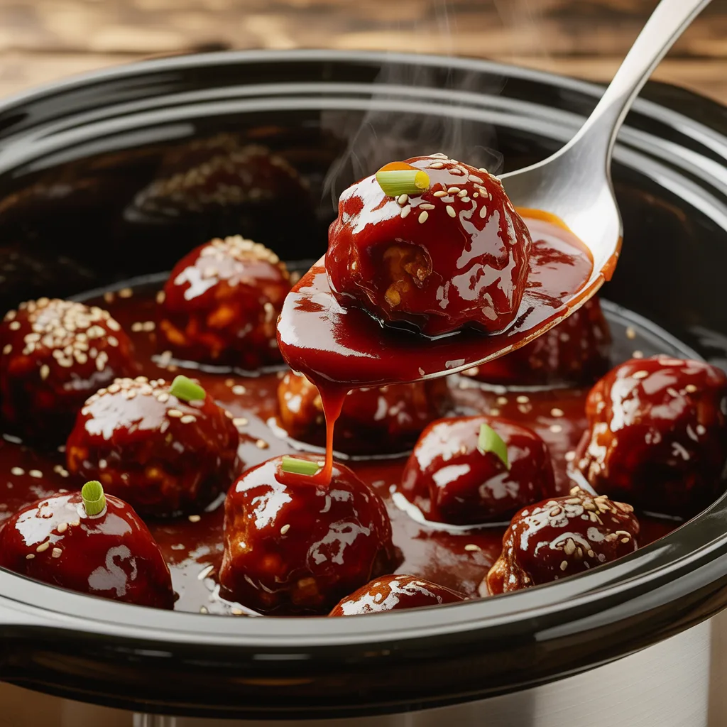 Crockpot BBQ meatballs in white slow cooker with glossy sweet tangy barbecue sauce and toothpicks