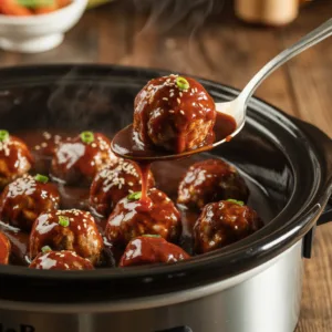 Crockpot BBQ meatballs in white slow cooker with glossy sweet tangy barbecue sauce and toothpicks