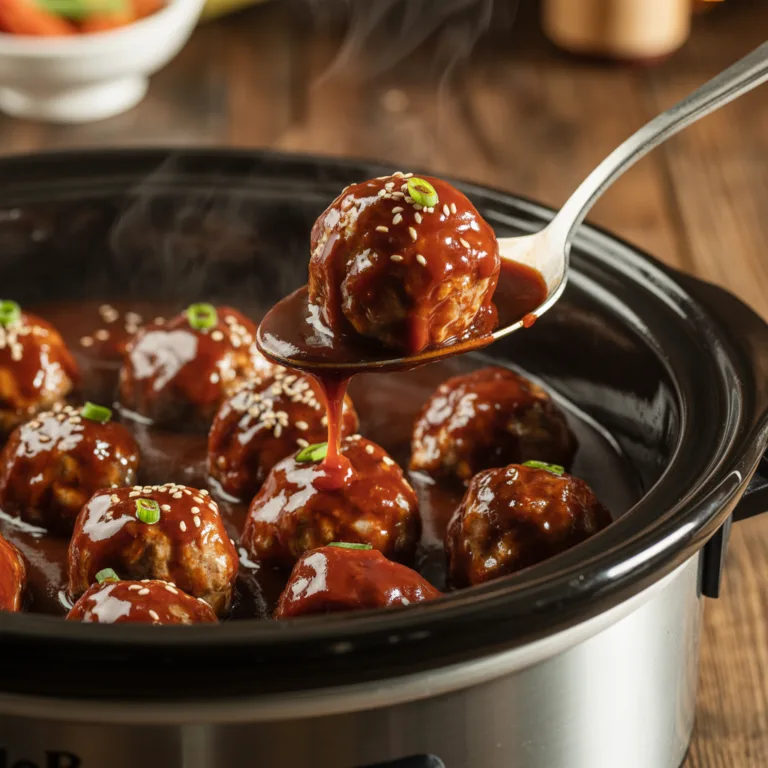Crockpot BBQ meatballs in white slow cooker with glossy sweet tangy barbecue sauce and toothpicks