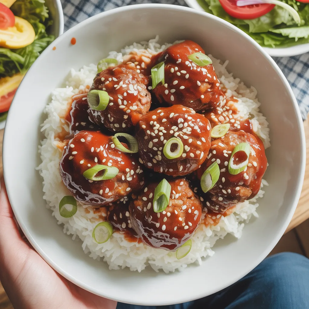 Crockpot BBQ meatballs in white slow cooker with glossy sweet tangy barbecue sauce and toothpicks