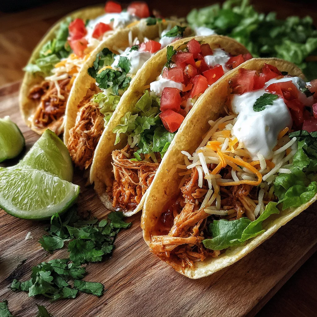 Crockpot salsa chicken tacos with tender shredded chicken in soft tortillas with toppings