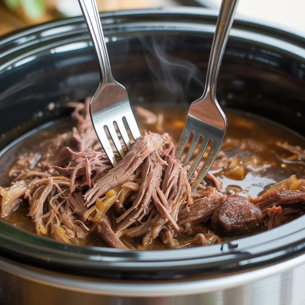 Crockpot Shredded Beef Tacos (Set-and-Forget) (2) Crockpot shredded beef tacos with tender beef in tortillas, topped with cheese, lettuce, tomatoes, and sour cream