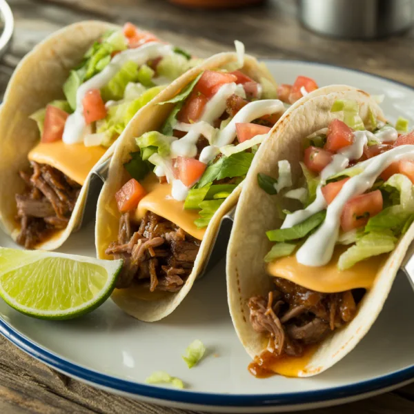 Crockpot shredded beef tacos with tender beef in tortillas, topped with cheese, lettuce, tomatoes, and sour cream