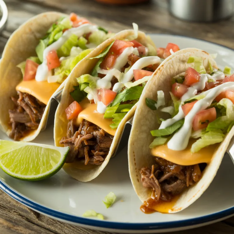 Crockpot shredded beef tacos with tender beef in tortillas, topped with cheese, lettuce, tomatoes, and sour cream