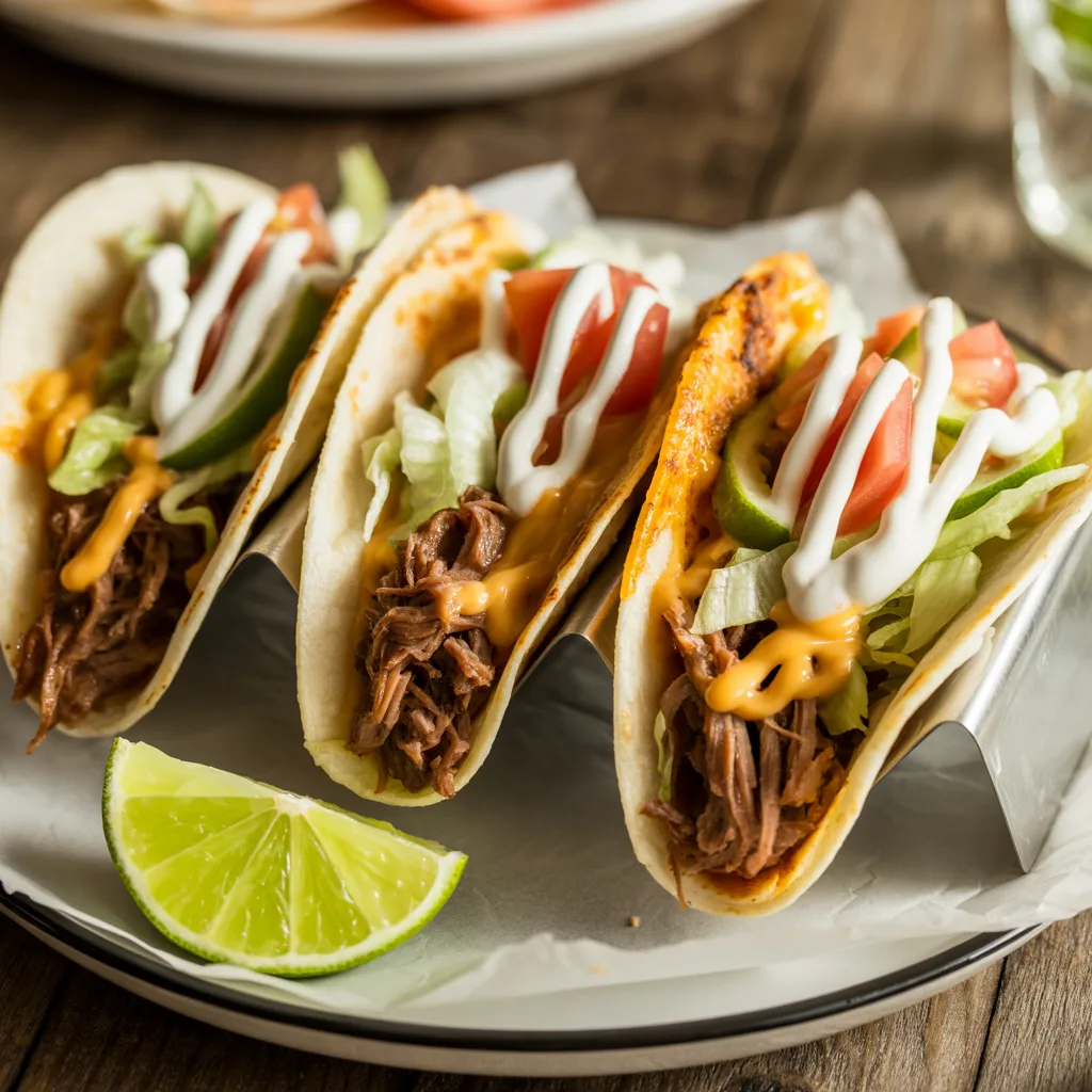 Crockpot Shredded Beef Tacos (Set-and-Forget) (4) Crockpot shredded beef tacos with tender beef in tortillas, topped with cheese, lettuce, tomatoes, and sour cream