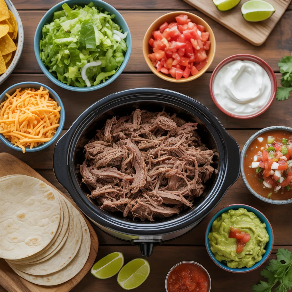 Crockpot shredded beef tacos with tender beef in tortillas, topped with cheese, lettuce, tomatoes, and sour cream