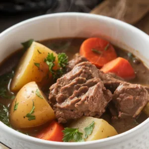 Bowl of crockpot beef and potato stew with carrots and tender beef in rich broth