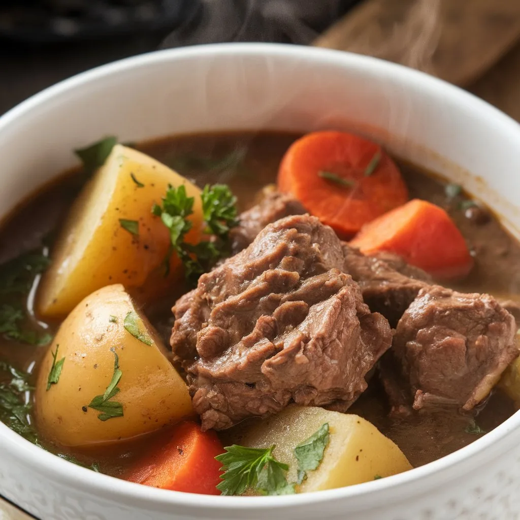 Bowl of crockpot beef and potato stew with carrots and tender beef in rich broth