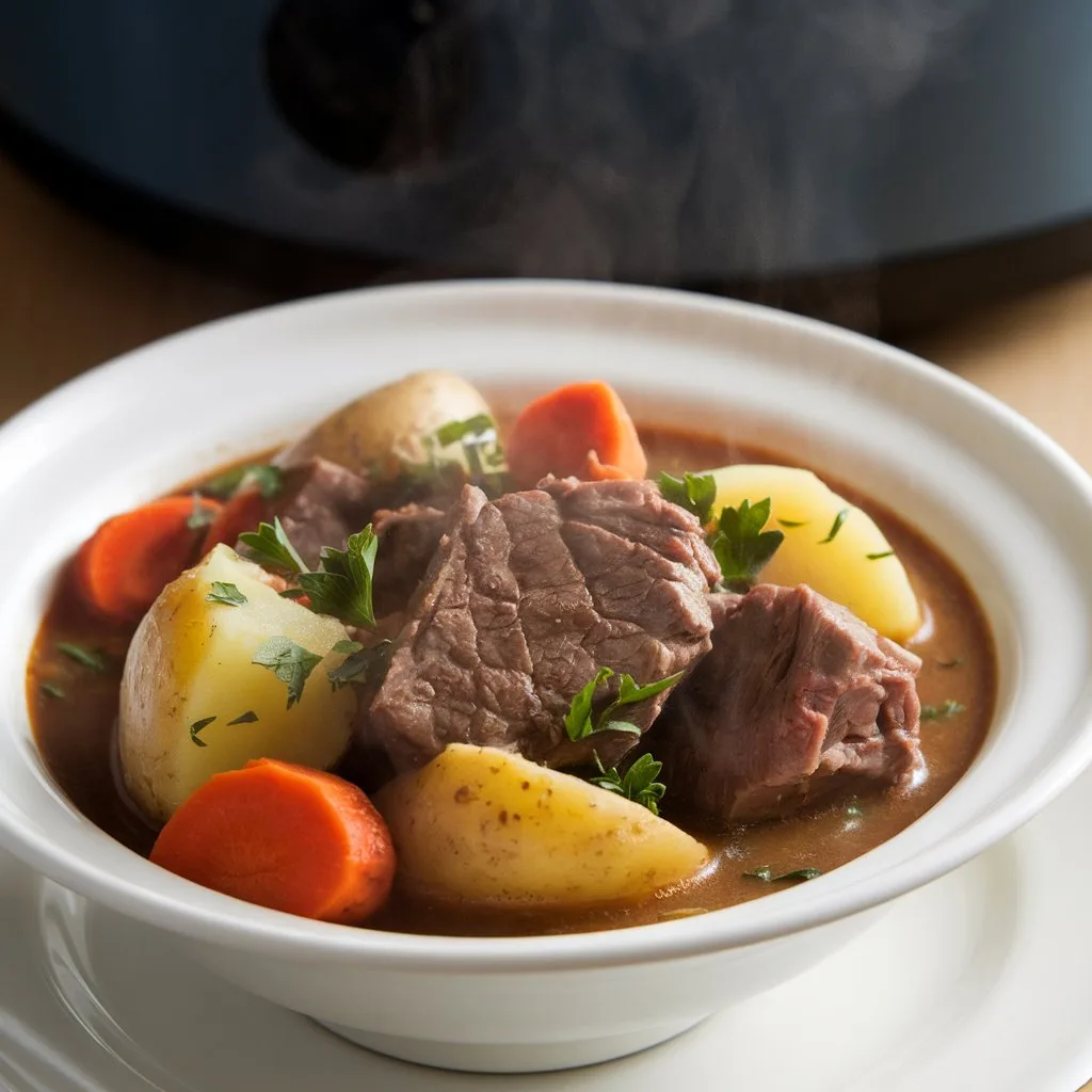 Bowl of crockpot beef and potato stew with carrots and tender beef in rich broth