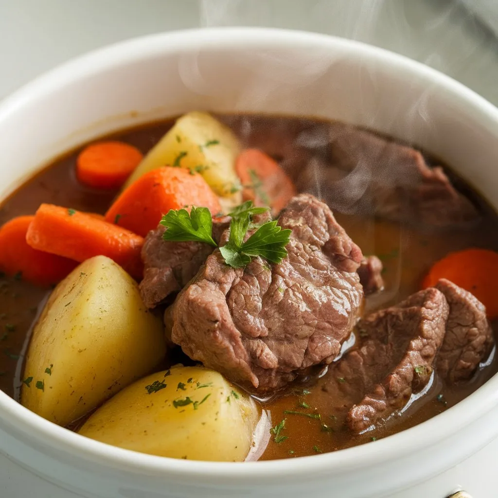 Bowl of crockpot beef and potato stew with carrots and tender beef in rich broth