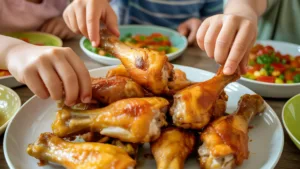 Golden crispy air fryer chicken drumsticks on white serving plate with seasoned skin