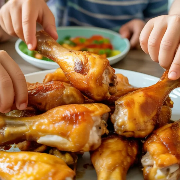 Golden crispy air fryer chicken drumsticks on white serving plate with seasoned skin