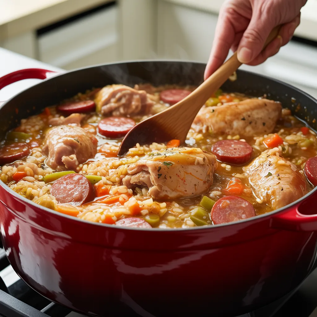 Easy Cajun Chicken and Sausage Jambalaya in a pot