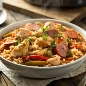 Cajun chicken and sausage jambalaya in large pot with rice, bell peppers, and smoky sausage
