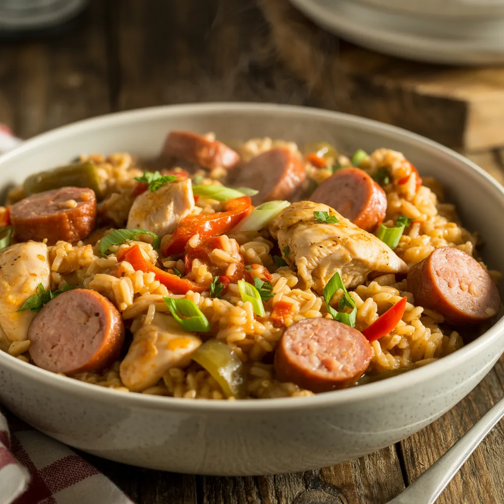 Cajun chicken and sausage jambalaya in large pot with rice, bell peppers, and smoky sausage