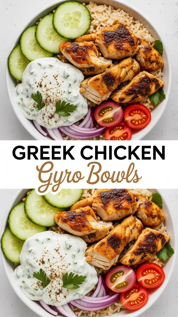 Easy chicken gyro bowls with grilled Greek-marinated chicken, white rice, sliced cucumbers, cherry tomatoes, red onions, Kalamata olives, crumbled feta cheese, and homemade tzatziki sauce garnished with fresh dill