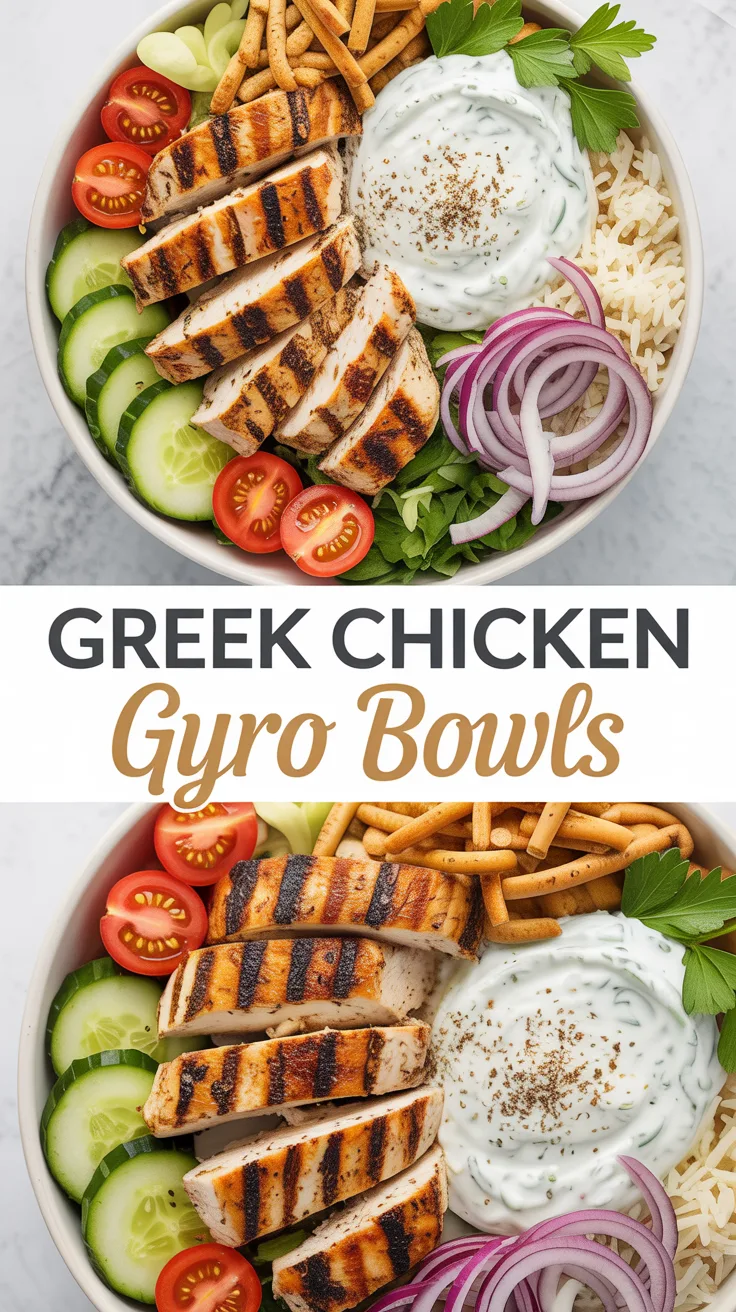 Easy Chicken Gyro Bowls (2) Easy chicken gyro bowls with grilled Greek-marinated chicken, white rice, sliced cucumbers, cherry tomatoes, red onions, Kalamata olives, crumbled feta cheese, and homemade tzatziki sauce garnished with fresh dill