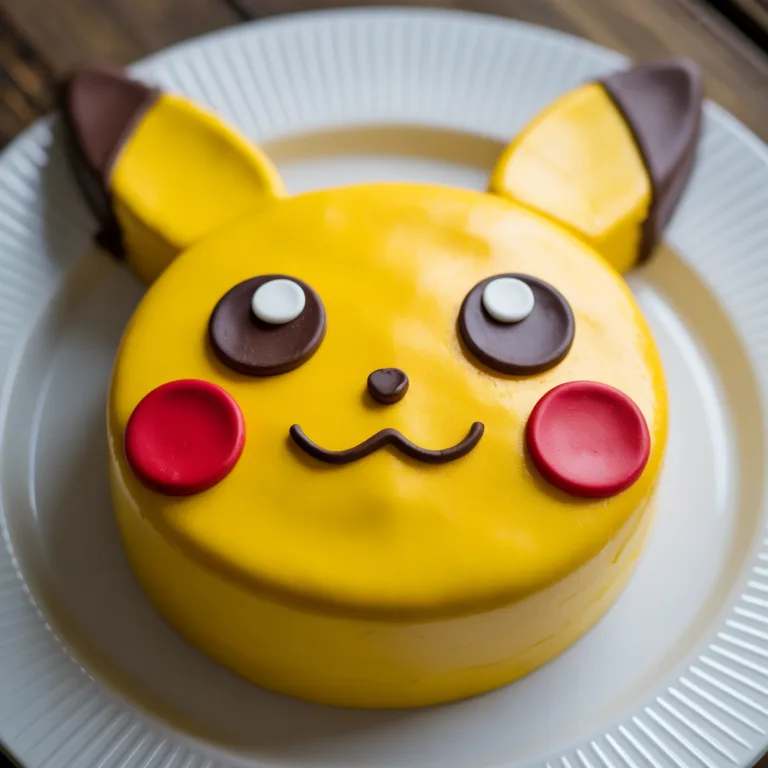 Easy Pikachu cake with yellow frosting, black eyes, red cheeks for Pokemon birthday party