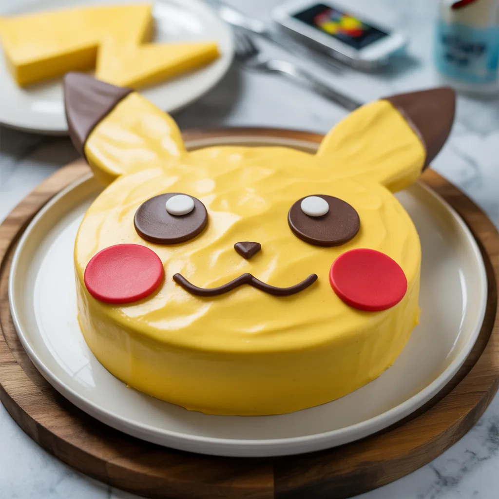 Easy Pikachu Cake Tutorial – Pokémon Birthday Party (4) Easy Pikachu cake with yellow frosting, black eyes, red cheeks for Pokemon birthday party