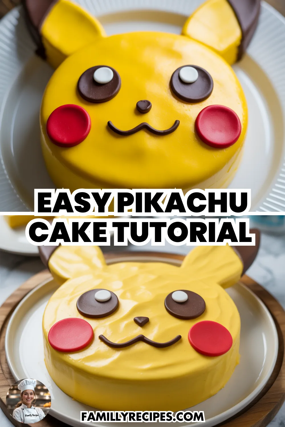 Familly Recipes Easy Pikachu Cake Tutorial Create an adorable Pikachu cake with just two round cakes and yellow frosting! This easy tutorial shows you how to make a character cake that looks professional but requires no special skills. Perfect for Pokémon birthday parties! Give it a try!