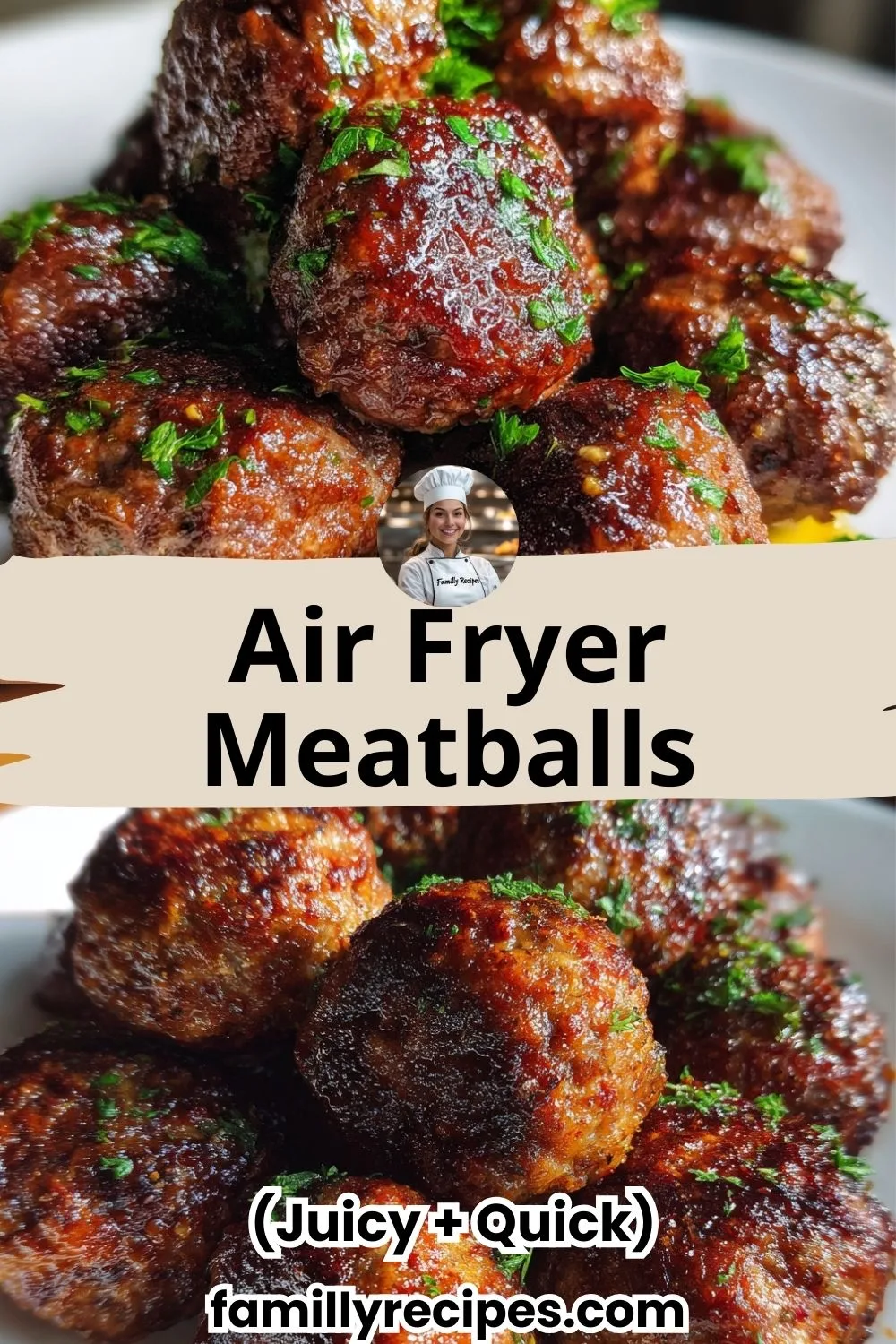 Air fryer meatballs golden brown and juicy on white serving plate