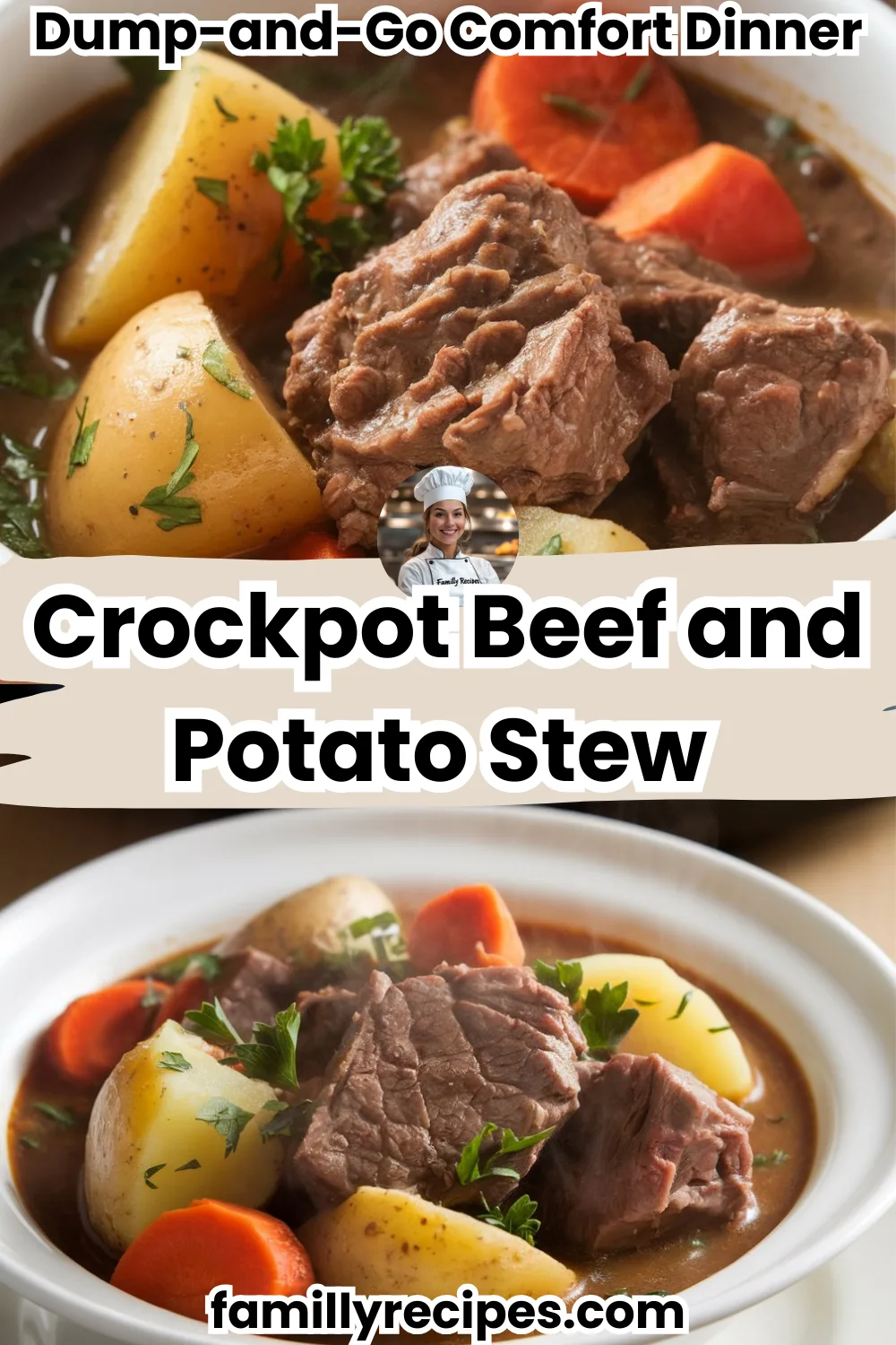 Bowl of crockpot beef and potato stew with carrots and tender beef in rich broth