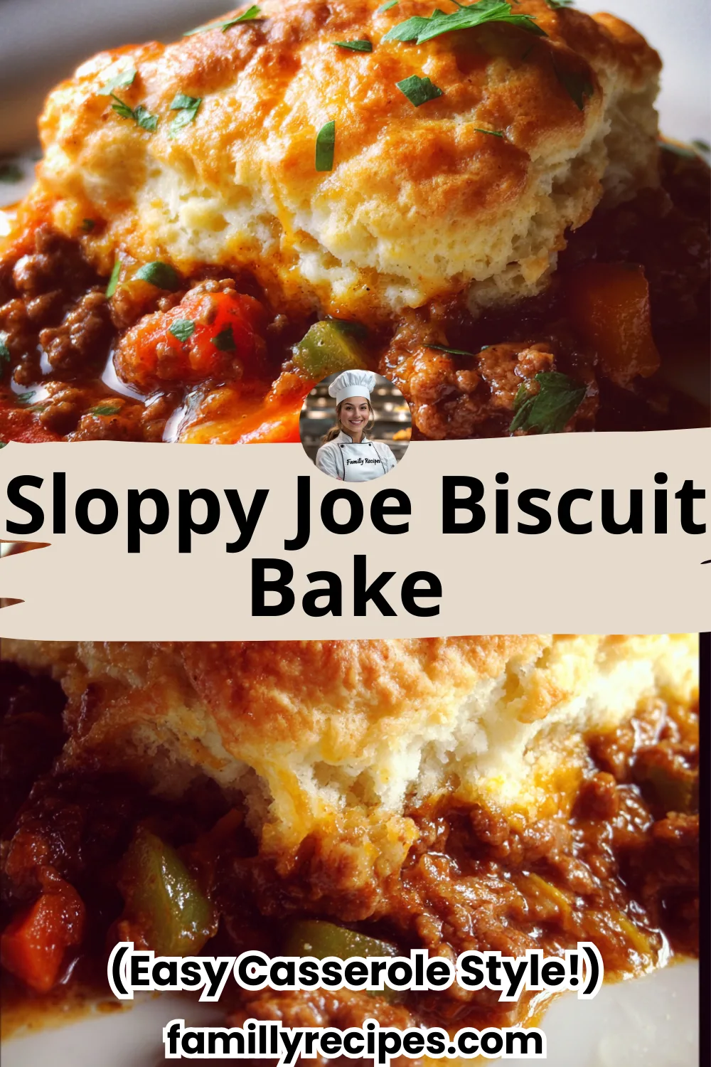 Sloppy joe biscuit bake with golden fluffy biscuits and melted cheddar cheese
