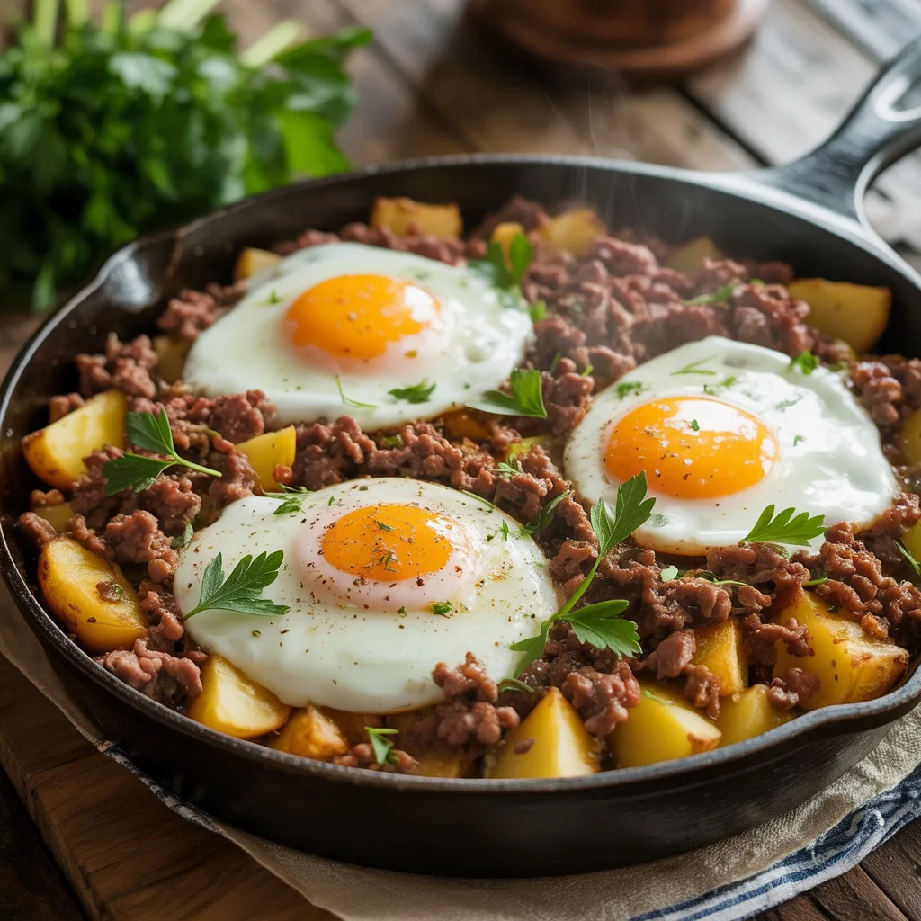 Ground beef and potato hash in cast iron skillet with eggs on top, crispy golden potatoes and seasoned beef