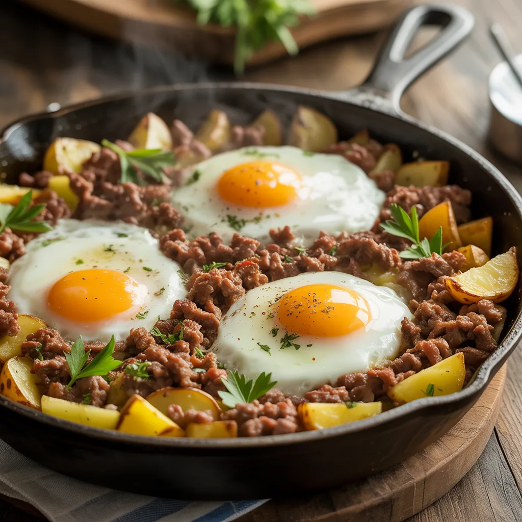 Ground beef and potato hash in cast iron skillet with eggs on top, crispy golden potatoes and seasoned beef
