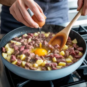 Ground beef and potato hash in cast iron skillet with eggs on top, crispy golden potatoes and seasoned beef