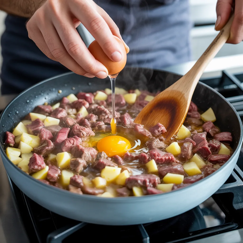 Ground beef and potato hash in cast iron skillet with eggs on top, crispy golden potatoes and seasoned beef