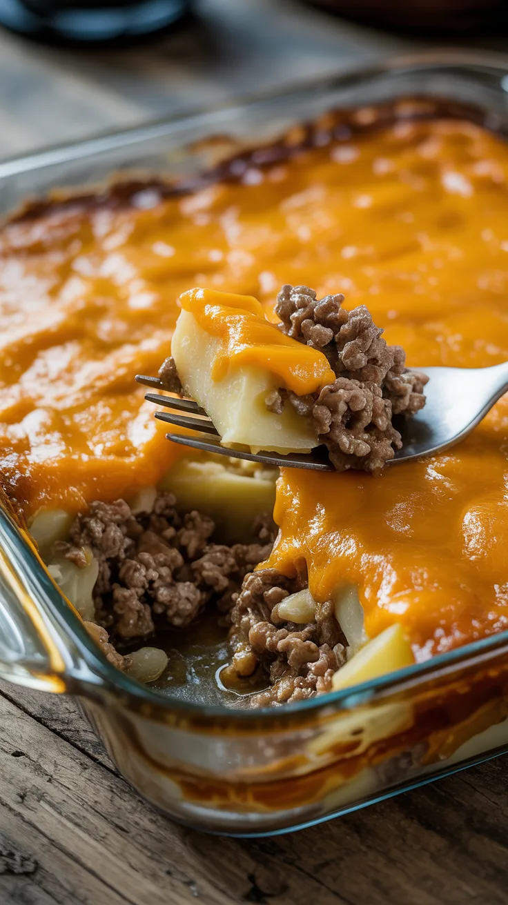 Ground beef and potato casserole in baking dish with layers of seasoned ground beef, sliced potatoes, cream of mushroom soup, and melted golden cheddar cheese on top