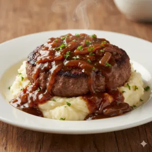 Hamburger steak with onion gravy on white plate served over mashed potatoes with caramelized onions and rich brown gravy, garnished with fresh parsley