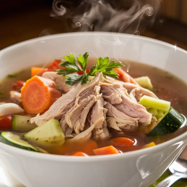 Bowl of healthy crockpot chicken and veggie soup with carrots, celery, zucchini, tomatoes, and shredded chicken in clear broth, garnished with fresh parsley