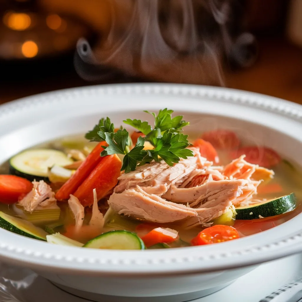 Bowl of healthy crockpot chicken and veggie soup with carrots, celery, zucchini, tomatoes, and shredded chicken in clear broth, garnished with fresh parsley