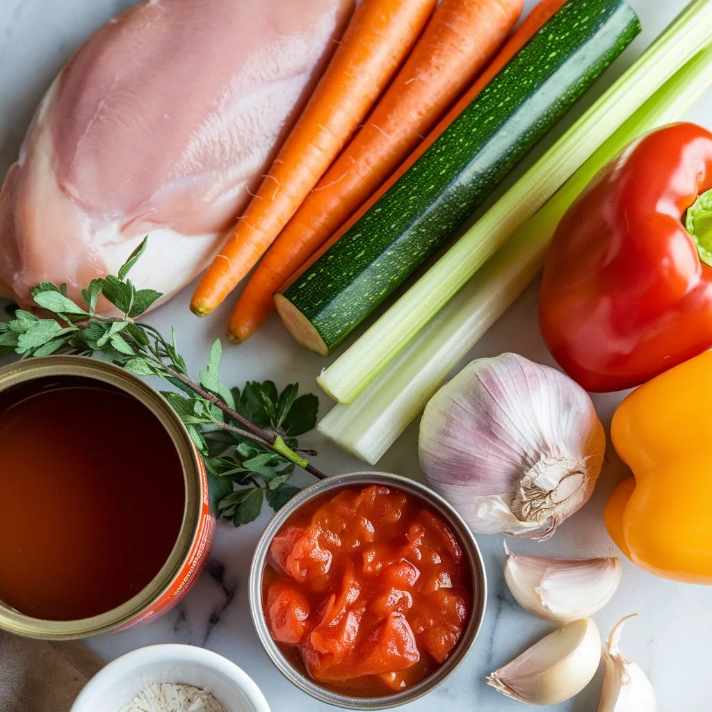 Bowl of healthy crockpot chicken and veggie soup with carrots, celery, zucchini, tomatoes, and shredded chicken in clear broth, garnished with fresh parsley