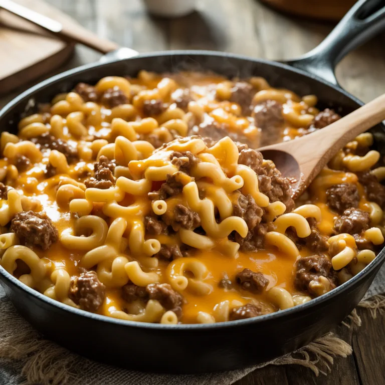 Homemade hamburger helper in large skillet with ground beef, elbow macaroni, and melted cheddar cheese sauce