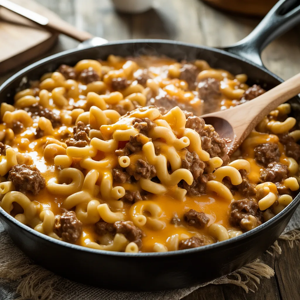 Homemade hamburger helper in large skillet with ground beef, elbow macaroni, and melted cheddar cheese sauce
