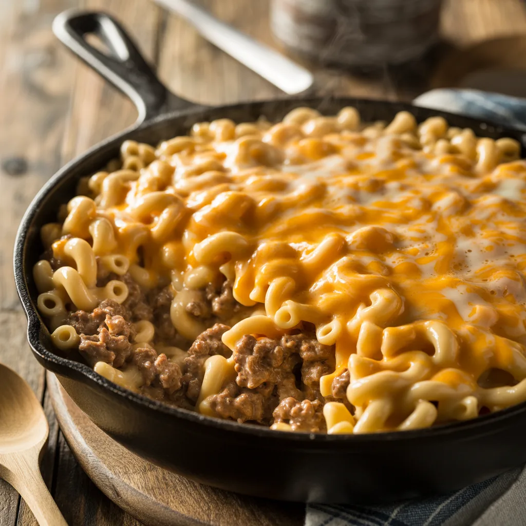 Homemade Hamburger Helper Skillet (So Easy) (4) Homemade hamburger helper in large skillet with ground beef, elbow macaroni, and melted cheddar cheese sauce