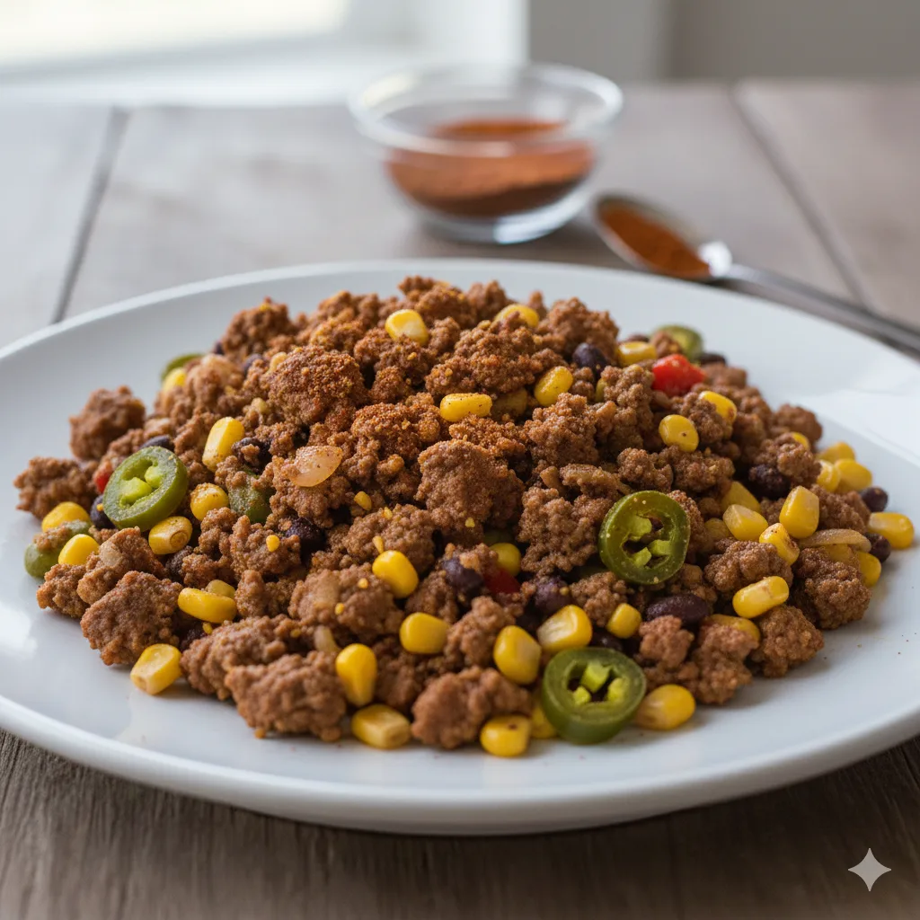 Taco tater tot casserole in white baking dish with golden brown crispy tater tots on top, melted cheddar cheese, seasoned ground beef with black beans and corn visible, served with sour cream and fresh toppings