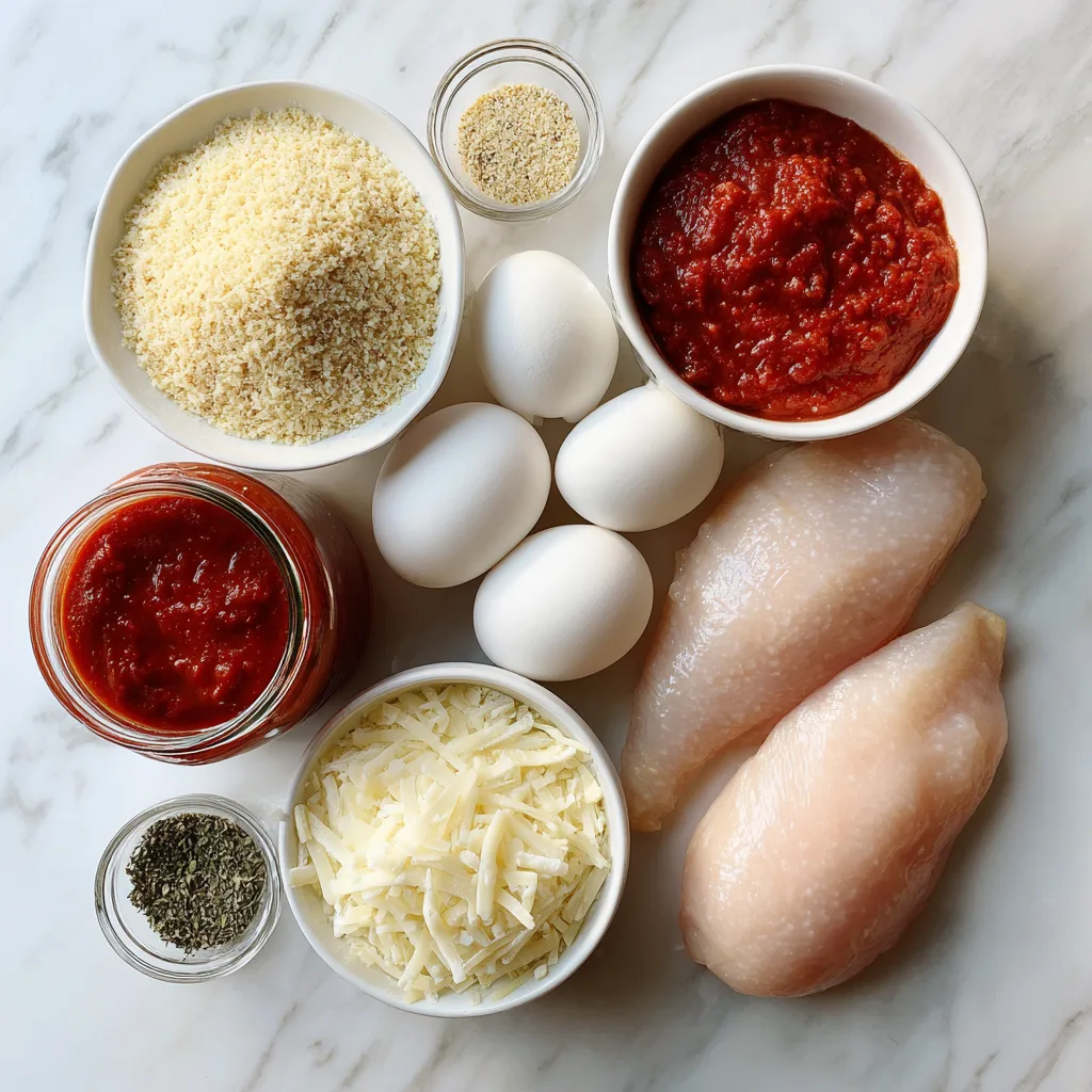 Ingredients for air fryer chicken parmesan including raw chicken breasts (1) Ingredients for Air fryer chicken parmesan with golden crispy breading topped with melted cheese and marinara