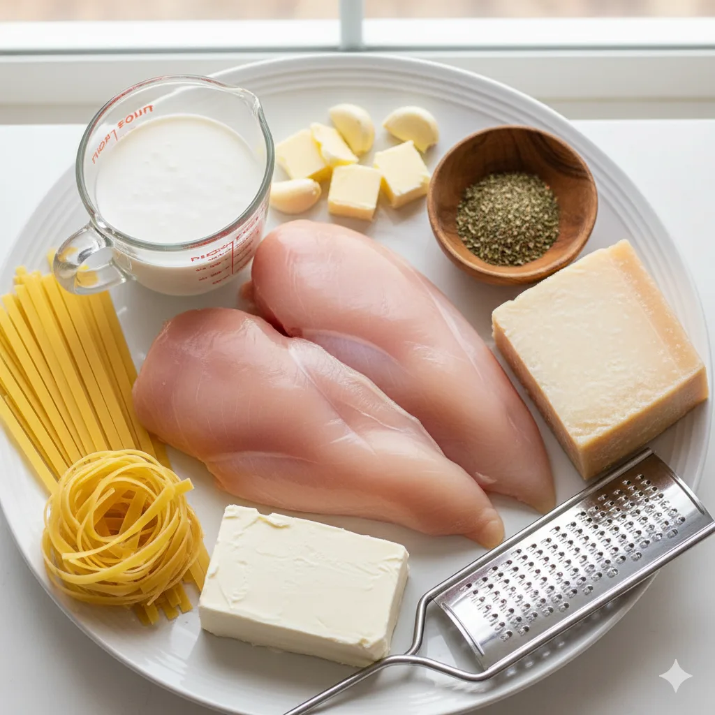 Crockpot chicken alfredo in a white ceramic bowl with creamy sauce, fettuccine pasta, tender shredded chicken, topped with fresh parsley and grated Parmesan cheese