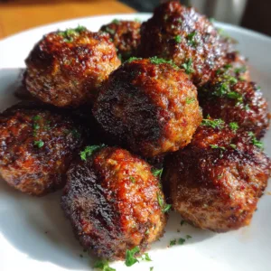 Air fryer meatballs golden brown and juicy on white serving plate