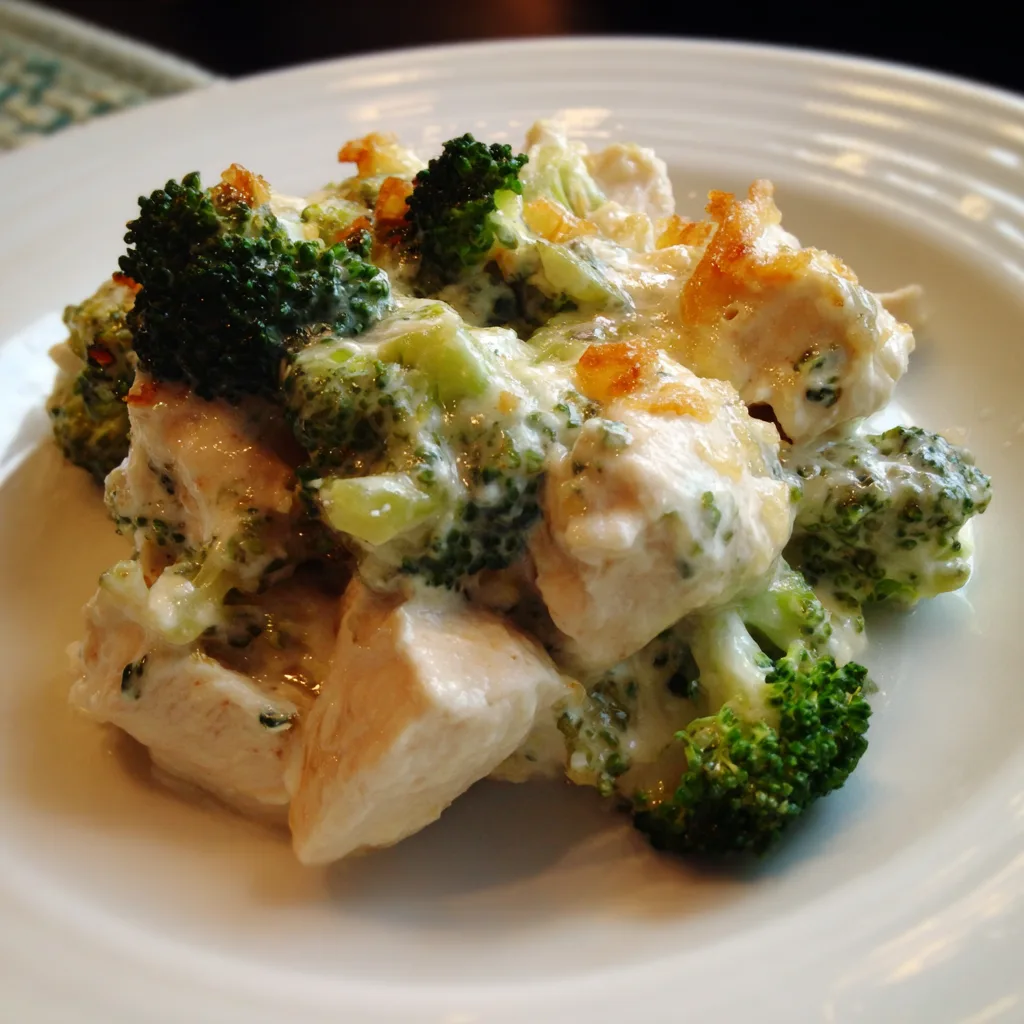 Creamy chicken and broccoli casserole with rice and melted cheese in baking dish