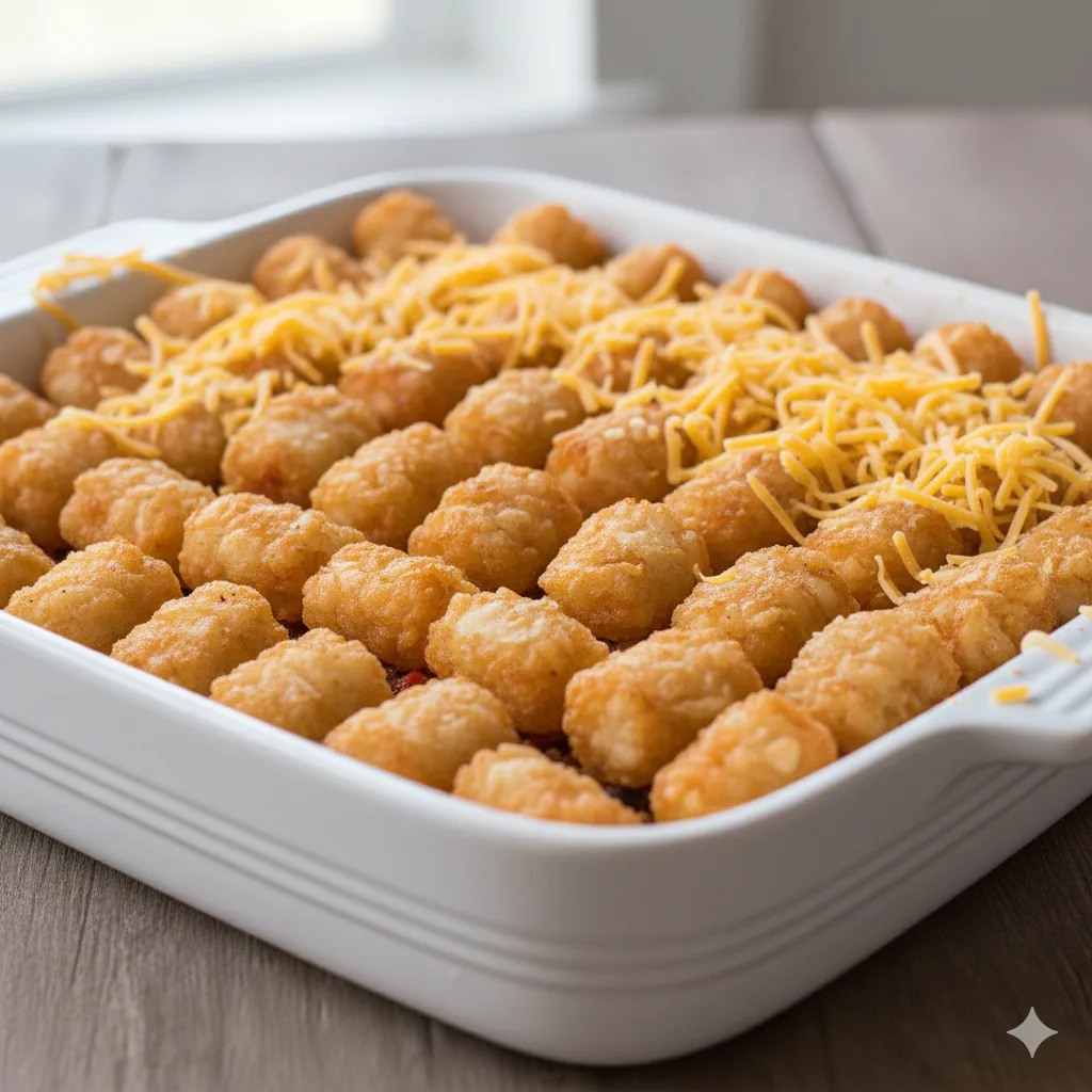 Taco tater tot casserole in white baking dish with golden brown crispy tater tots on top, melted cheddar cheese, seasoned ground beef with black beans and corn visible, served with sour cream and fresh toppings