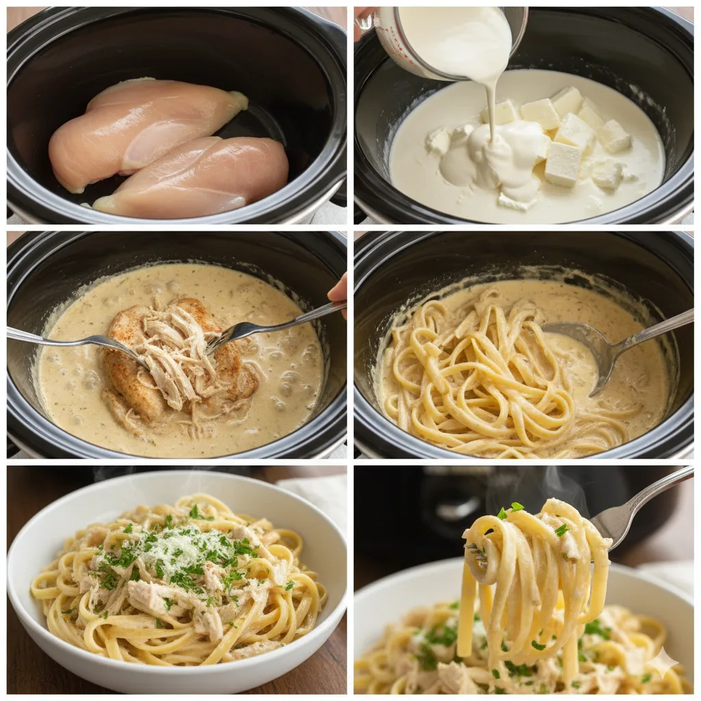 Instructions Crockpot chicken alfredo in a white ceramic bowl with creamy sauce, fettuccine pasta, tender shredded chicken, topped with fresh parsley and grated Parmesan cheese