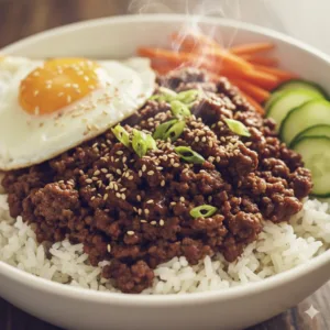Korean-inspired ground beef bowls with rice, green onions, sesame seeds, and optional fried egg in white ceramic bowls