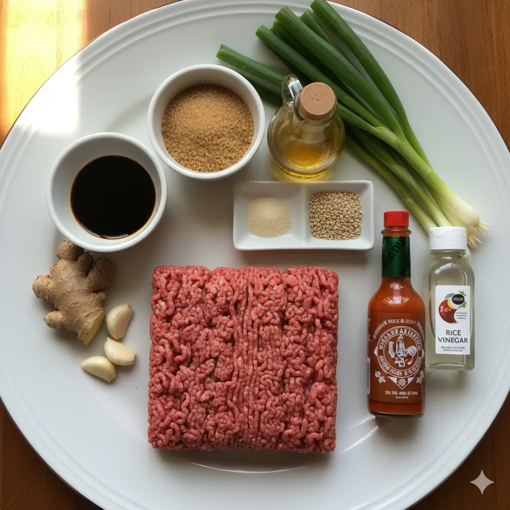 Korean-inspired ground beef bowls INGREDIENTS Korean-inspired ground beef bowls with rice, green onions, sesame seeds, and optional fried egg in white ceramic bowls
