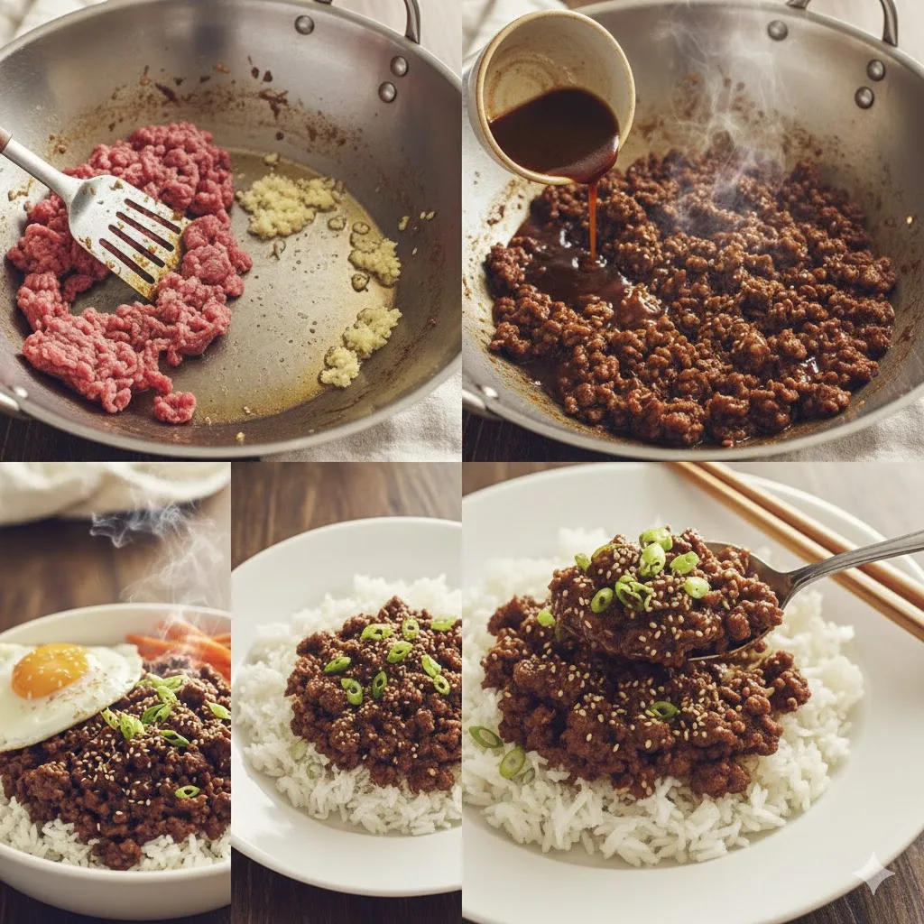 Korean-inspired ground beef bowls STEP Korean-inspired ground beef bowls with rice, green onions, sesame seeds, and optional fried egg in white ceramic bowls